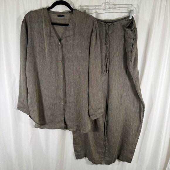 BASCO Blouse & Pant Set Womens Large Green Linen Blend Knit Long Sleeve Swim Cov - Picture 1 of 16